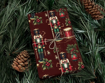 Gothic Nussknacker Geschenkpapier, Weinrote Weihnachtliche Elegante Geschenkpapier, Burgund und Gold
