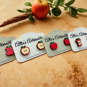 Hand Painted Apple Stud Earrings: Maple Wood, Stainless Steel Posts