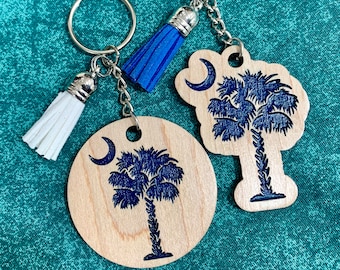 South Carolina Palmetto Moon Hand Finished Hardwood Keychain with or without tassel