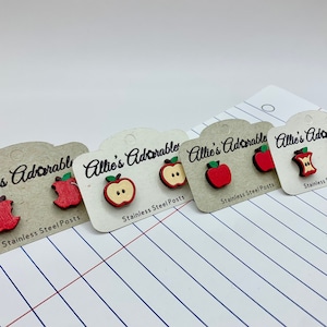 Back to School Apple Earrings, Hand Painted Wood Stud Earrings with Stainless Steel Posts