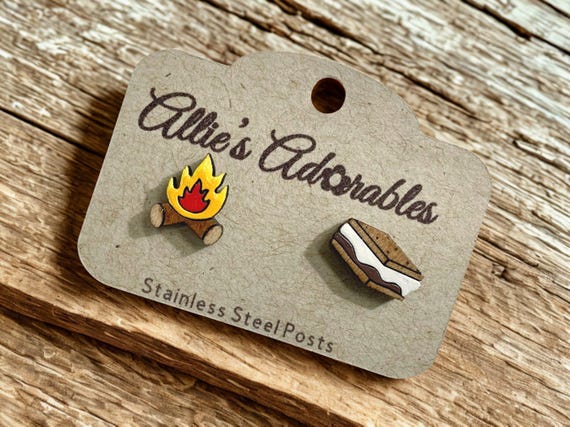 Hand Painted S'more & Campfire Earrings: Laser Cut Wood, Stainless Steel, Camping Season