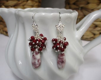 Lepidolite, Ruby and Sterling Silver Earrings, Real Gemstone Gift for Women