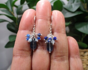 Blue Kyanite, Lapis and Aquamarine Silver Earrings