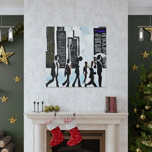 Modern Black and White Busy City Life with People Walking by Skyscraper Buildings Wall Art Home Décor Canvas