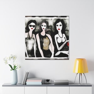 Modern Black White and Red Three Ladies Girlfriends Night Out Wall Art Canvas