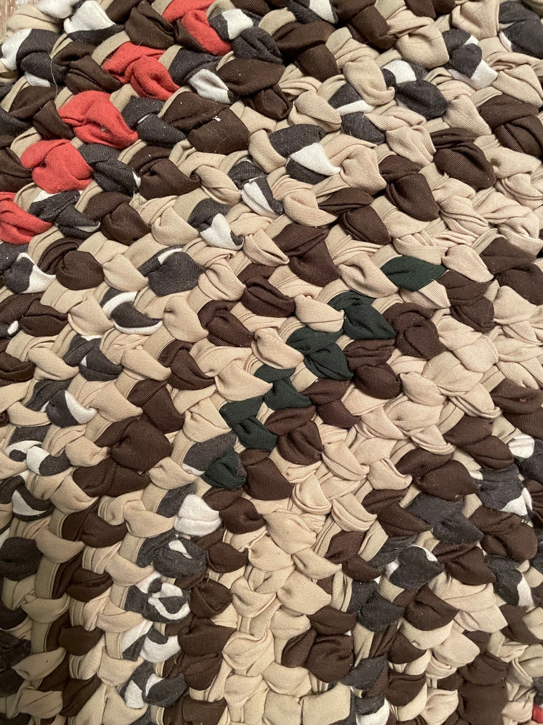 Brown Rag Rug Rag Rug: Oval - Dark Brown, Tan, Dark Green, Coral, and White - Etsy