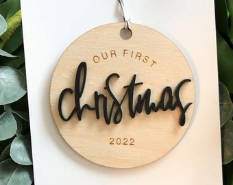 Modern Christmas Ornaments | Our First Christmas | 3D Personalized Wood Wedding Ornament | Laser Cut Gift Tags