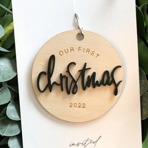 Modern Christmas Ornaments | Our First Christmas | 3D Personalized Wood Wedding Ornament | Laser Cut Gift Tags