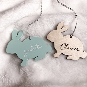 Étiquettes en bois de Pâques | Bunny Cut Out Nom personnalisé Étiquettes en bois | Étiquettes cadeaux découpées au laser