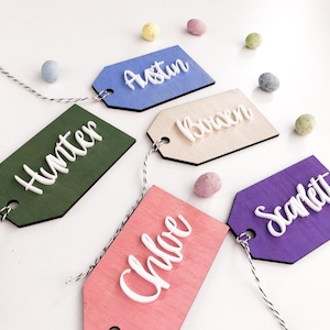 Etichette in legno di Pasqua / Etichette a forma di cuore in legno con nome personalizzato 3D / Etichette per etichette regalo tagliate al laser