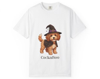 Camiseta Cockaboo Dog com Chapéu de Bruxa | Ilustração de Filhote para o Halloween