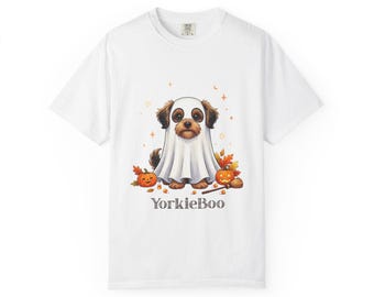 Camiseta Yorkie Boo Ghost Halloween | Estampa de Cachorro com Abóbora, Camiseta de Algodão Tingida em Peça