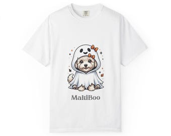 Camiseta de Halloween com estampa de fantasma Maltipoo | Camiseta de algodão tingida em peça