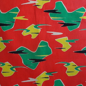 Two pieces red Nuages clouds authentic 1950s French cotton barkcloth tall fabric mid century modern retro curtain abstract modernistic