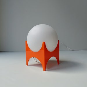 Space age atomic orange ABS base ball round milk white shade small table desk lamp light bedside Richard Essig mid century modern 1970
