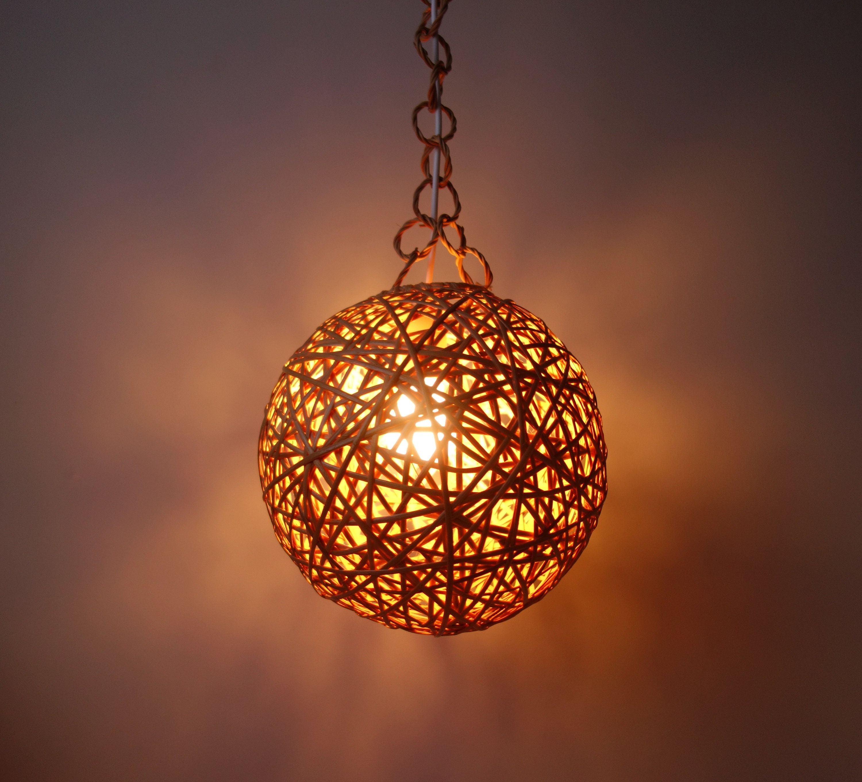 New Old Stock Rattan Reed Wooden Wood Ball Shaped Sphere Pendant
