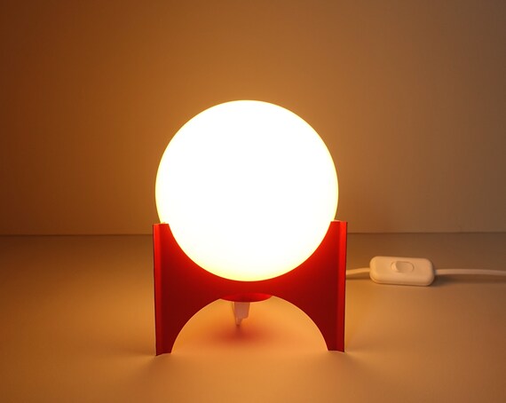 Space Age Atomic Orange Metal Base Ball Round Milk White Shade