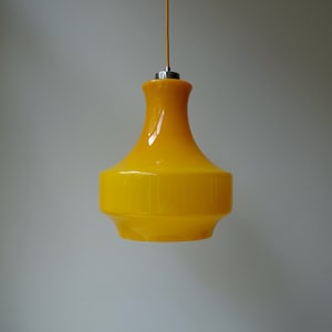 Pretty large canary lemon yellow mouth blown glass opaline pendant lamp hanging light mid century modern