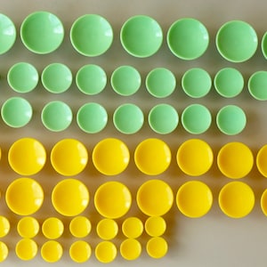 PER PIECE 51 pieces vintage cabinet furniture knobs pulls handles drawer drawers 1970s melamine yellow green four sizes mid century modern