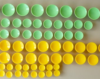 PER PIECE 51 pieces vintage cabinet furniture knobs pulls handles drawer drawers 1970s melamine yellow green four sizes mid century modern
