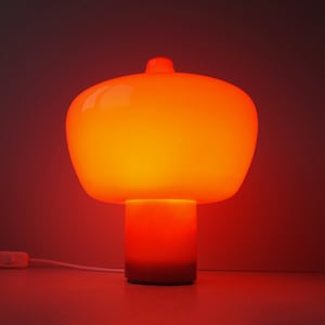 Orange umbonate mushroom glass table lamp desk light on cork base stopper mid century modern 1970s fused opaline cased