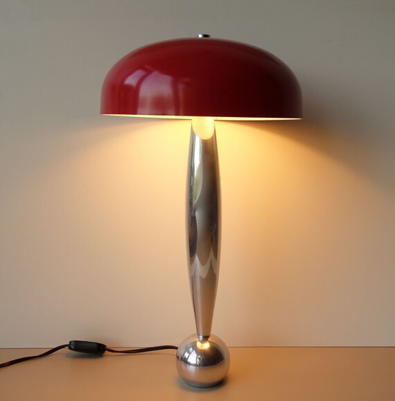 Stunning Vintage Cast Aluminum Large Mushroom Table Desk Lamp Red Shade Mid Century Modern Space Age Pop Art Light German Design