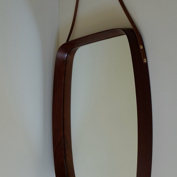 Vintage stunning perfect finish curved rims rectangular rosewood wooden mirror wood mid century modern Italian attributed Scandinavian style