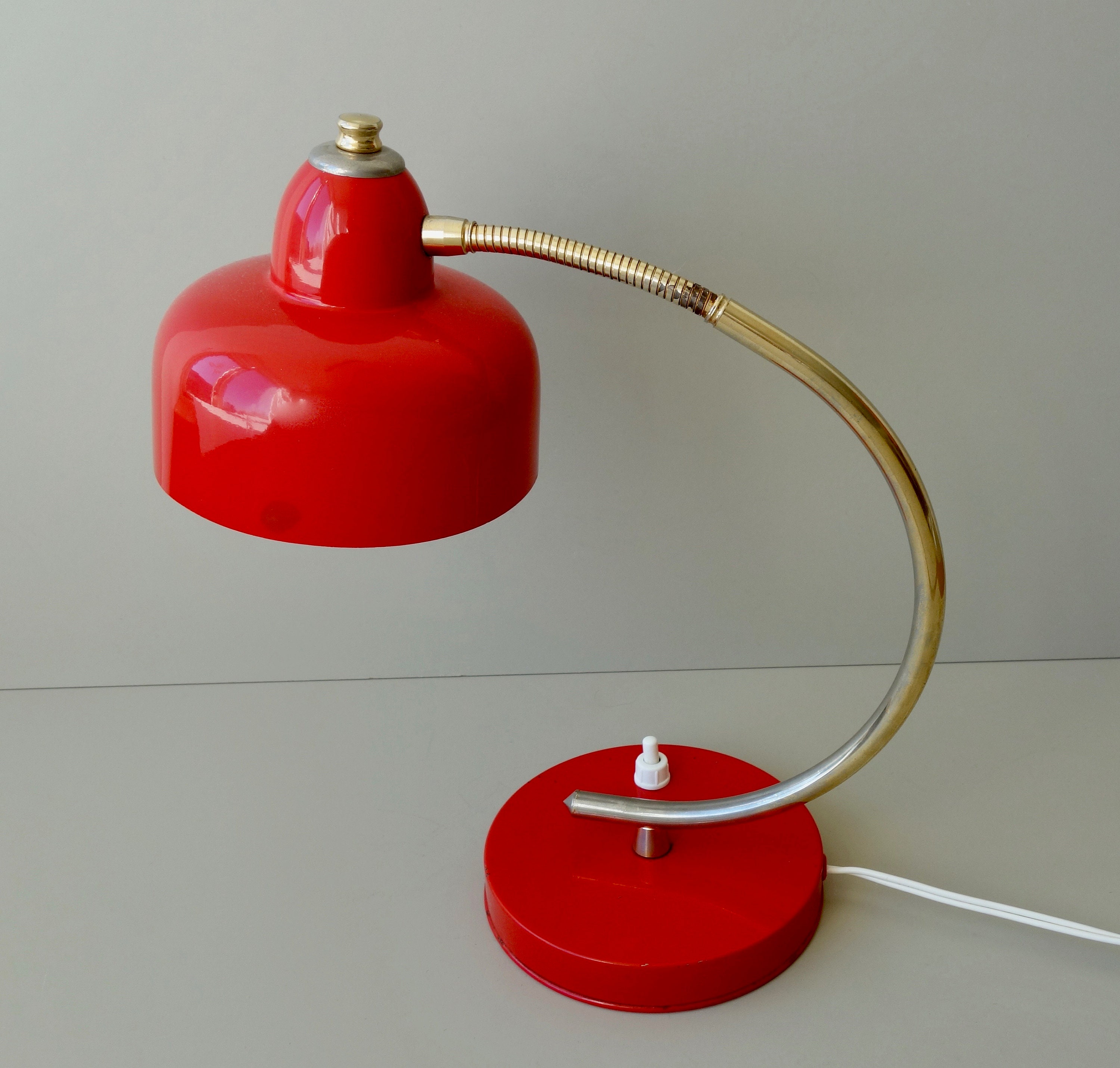 Vintage Delmas Red Aluminum and Brass Adjustable Seventies 1970s Desk Table  Lamp Working Light Pop Art Funky Mid Century Design France 