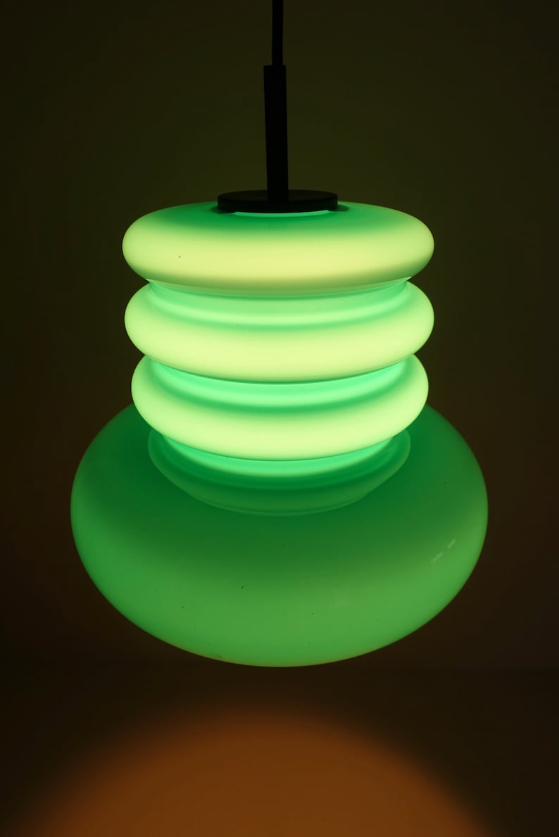 Stunning hooped layered emerald green glass cased pendant hanging lamp light opaline cased mid century modern ES Moderne Leuchten Germany image 7