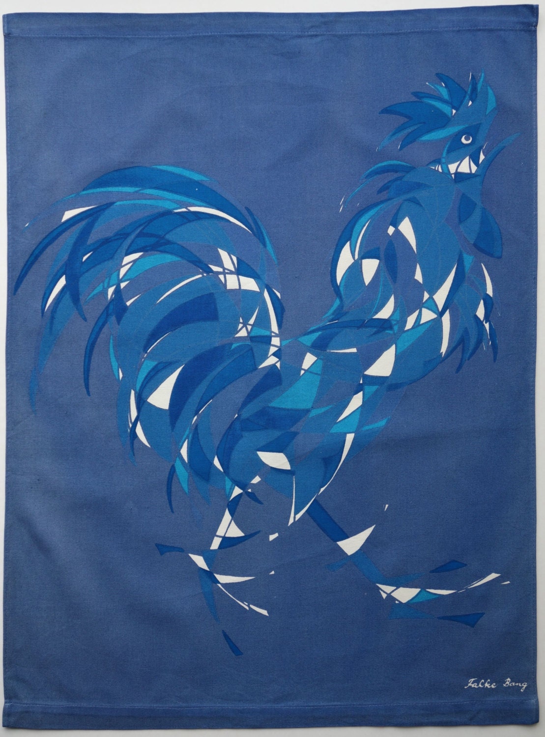 Falke Bang Danois Milieu Du Siècle Moderne Coq Animal Mur Accrochage Textile Bleu Imprimé Rétro Vint