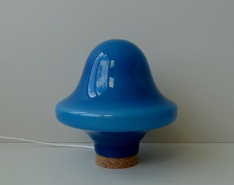 Sapphire blue mushroom glass table lamp desk light on cork base stopper mid century modern 1980s fused opaline