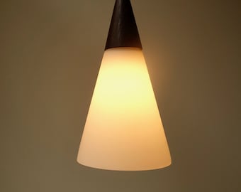 Holmegaard Philips NG 57 small conic satin milk white pendant glass hanging lamp light wenge finial mid century modern Dutch design cased
