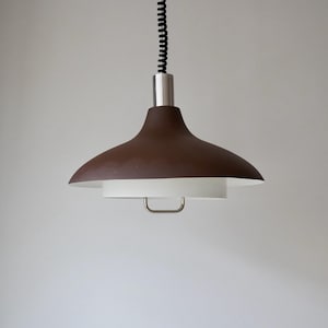 Dijkstra Lampen 1970s large aluminium cocoa brown metal white pendant light lamp space age Dutch design mid century rise & fall