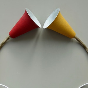 Pair Danish dark yellow & red brass flexible tubes wrinkle coating adjustable sconces bedside reading lamps lights mid century modern wall