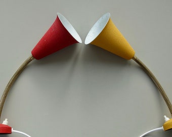 Pair Danish dark yellow & red brass flexible tubes wrinkle coating adjustable sconces bedside reading lamps lights mid century modern wall