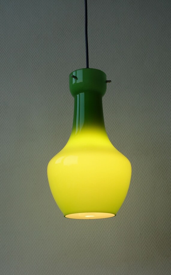 Mid Century Modern Apple Green Glass Cased Opaline Pending Pendant Hanging Lamp With Three Pin Metal System Italian Design