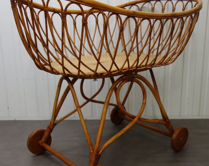 Vintage Rattan Wicker Baby Crib 4 Wheels Wood Wooden 1960s Etsy