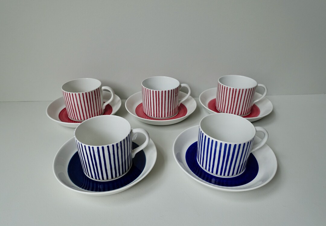 5 Cups and Saucers Red Blue Rorstrand Rörstrand Sweden Kadett Hertha ...