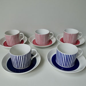 5 cups and saucers red blue Rorstrand Rörstrand Sweden Kadett Hertha Bengtsson teacups coffee espresso cups mid century modern retro Swedish