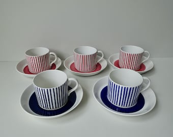 5 cups and saucers red blue Rorstrand Rörstrand Sweden Kadett Hertha Bengtsson teacups coffee espresso cups mid century modern retro Swedish