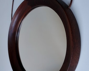 W1156 Pieterman very good condition round mirror wood wengé African rosewood faux ebony 1960 mid century modern Dutch design