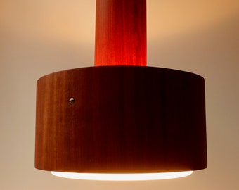 Temde Leuchten teak wood wooden veneer & plexiglas acrylic pendant hanging light lamp mid century modern 1970s seventies Swiss