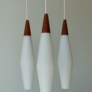 Refined Svend Aage Holm Sørensen B-1002 Raak Amsterdam cascading 3 lights teak milk white satin drops pendant light lamp mid century modern