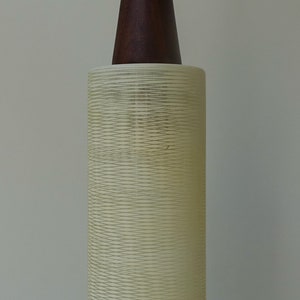 Sixties teak & cylindric tube etched diamond grid pattern glass pendant light lamp teak finial 1960s mid century modern
