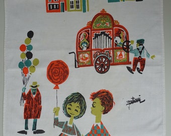 Dutch children's theme canal houses organ ballon illustration colourful 100% cotton tea towel 1960s mid century textile naive style
