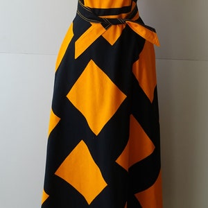 New old stock stunning vintage Merry Finn graphic diamonds orange black long summer dress cotton sleeveless with bel size 38 US 8 Finland