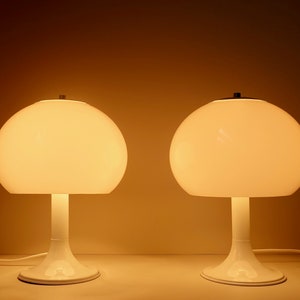 Pair set of 2 Herda Amsterdam vintage mushroom desk table lamp lights white chrome metal acrylic Dutch design mid century classic 1970s