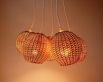 Woven rattan wicker reed vintage cascading 5 light vintage light-weight pendant hanging mid century modern lamp 1970s seventies