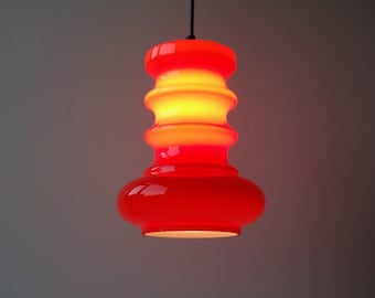 LAST ONE Flygsfors Sweden stunning hooped dark orange caged glass opaline pendant hanging lamp lights mid century modern Scandinavian church