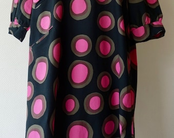 Marimekko very rare 1960s pink dots Sirkuss dress Petrooli pattern vintage long dress belt 100% cotton Finnish design size 40 (US 12)